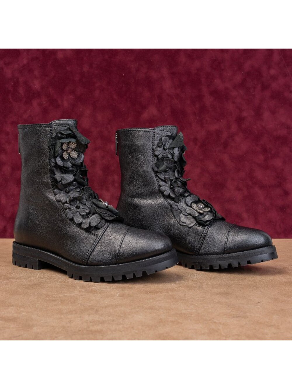 Jimmy Choo Wmn Havana Floral Black Leather Back Zip Combat Boots 7.5 EUR 37.5